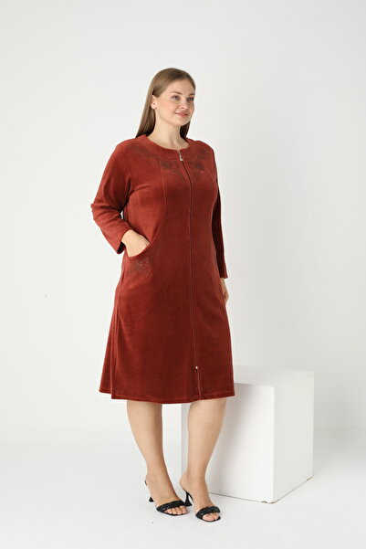 STELLETO Plus Size Collarless Zippered Stone Embroidered Long Sleeve Comfortable Winter Velvet Home Dress