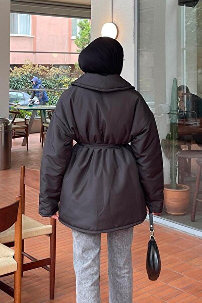 lamelif Plain Belted Puffer Coat Black