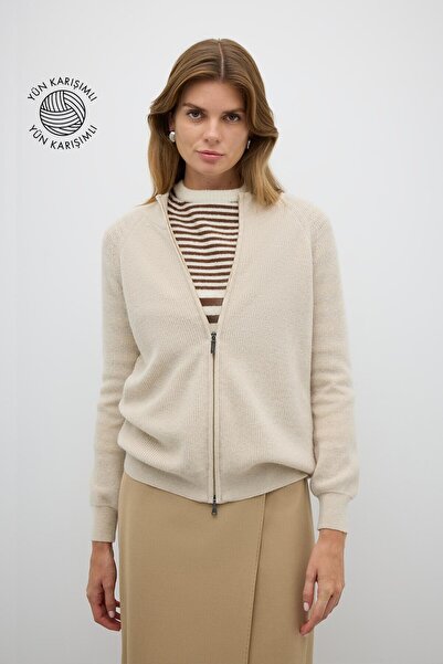 Roman Fermuarlı Triko Hırka Bej K2671036_024