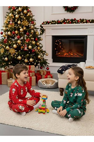 Elidabutik New Year / New Year Unisex Snowman Patterned Red Children's Pajama Set
