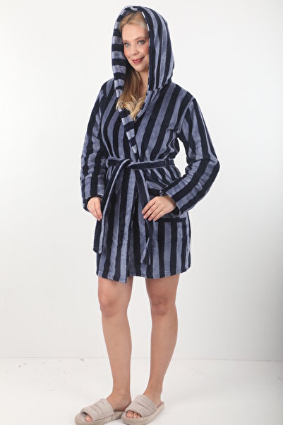 Wild Love Women's 100% Bamboo Striped Hooded Short Dressing Gown