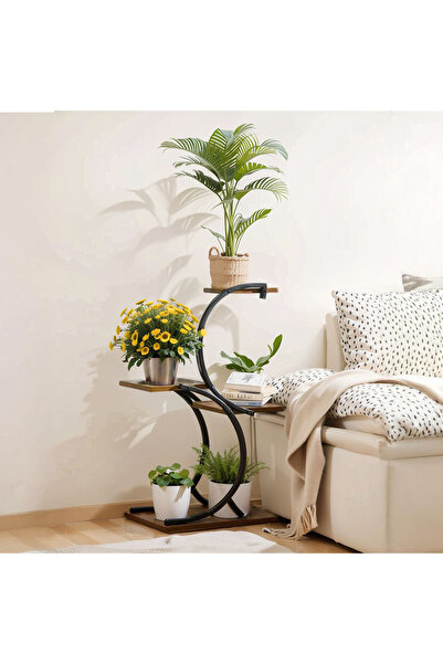 CHOIWIN حامل نباتات فني منحني بثلاث طبقات (40×75 سم) - رف زهور معدني مقاوم للصدأ وخشب صديق للبيئة، موفر للمساحة