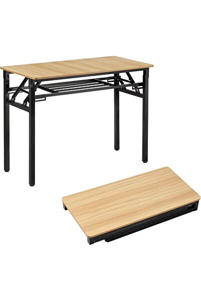 Lawazim Two-layer Folding Table 80×40 cm, Brown — MDF Folding Desk with Storage Shelf and Iron Frame (No