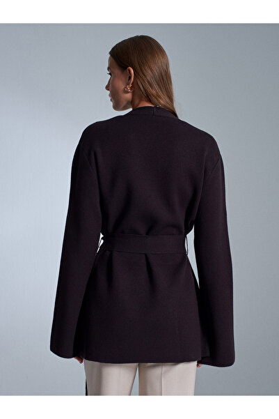 Dilvin 61002 Double-Breasted Belted Wool Blend Knitwear Cardigan-Dark Brown