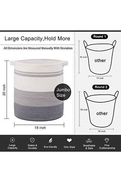 OIAHOMY Woven Laundry and Storage Basket with Handles for Living Room - 20 x 16 in - Gradient Gray