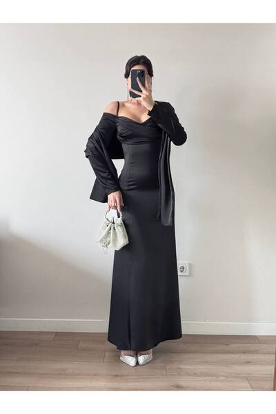 LOCH BUTİK Women's Black Satin Strap Shawl Slit Maxi Dress
