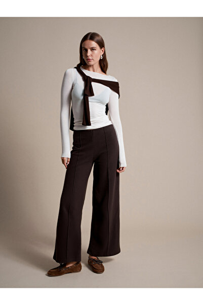 Dilvin 71941 Elastic Waist Wide Leg Sweatpants-Dark Brown