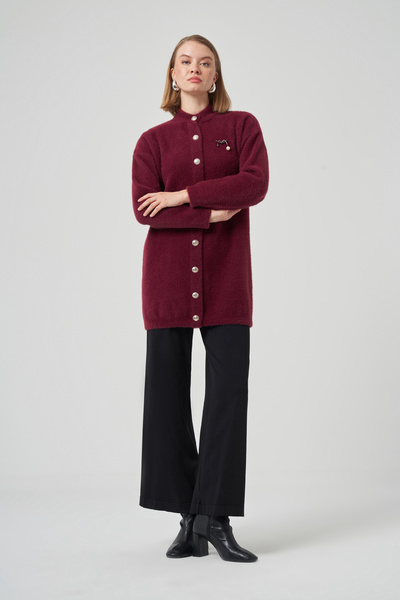 Nuss Button Detail Angora Cardigan 7005 Burgundy