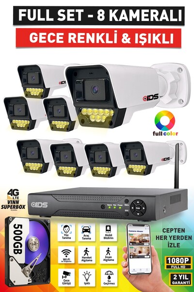 IDS 8 KAMERALI 5MP LENSLİ 1080P FULLHD RENKLİ GECE GÖRÜŞLÜ 9 LED GÜVENLİK KAM...