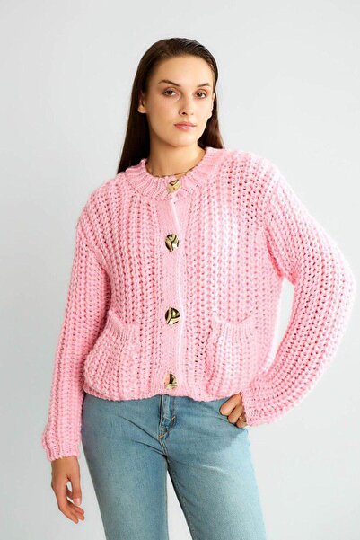 Lavanta Tekstil guler rotund Cardigan din tricot cu buzunare cu detalii cu na...