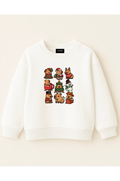 fasardi New Year Themed Capybara Capybara Printed Oversized 3 Threads. Long Sleeve Unisex Children's Sweatshirt Without Shardon
