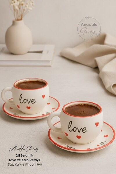 Anadolu Saray Set of 2 Handmade Ceramic Turkish Coffee Cups with Love and Heart Detail Plates