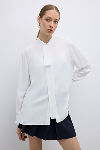 Roman Kendinden Fularlı Hakim Yaka Gömlek Ekru K2613514_049