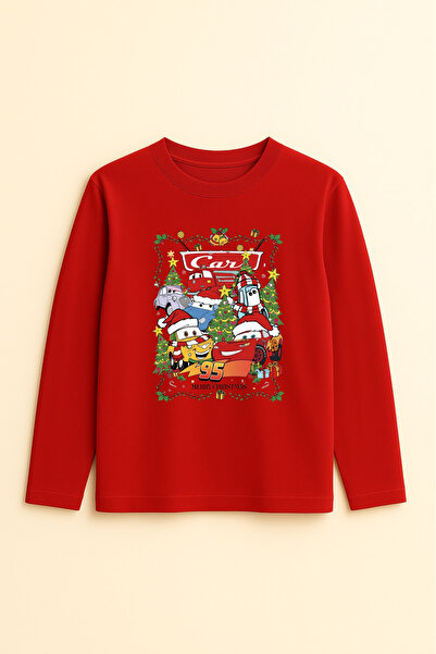 fasardi Lightning Mcqueen Cars Christmas Themed Printed Long Sleeve Unisex Kids T-Shirt