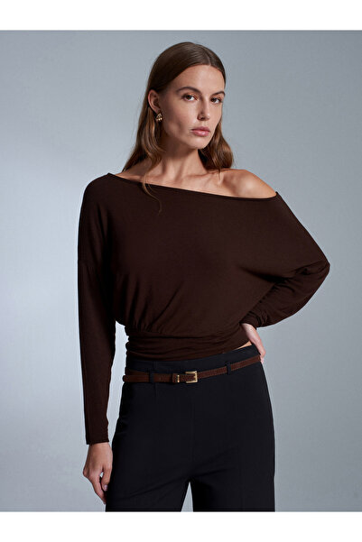 Dilvin 32306 Wool Blend One Shoulder Top-Dark Brown