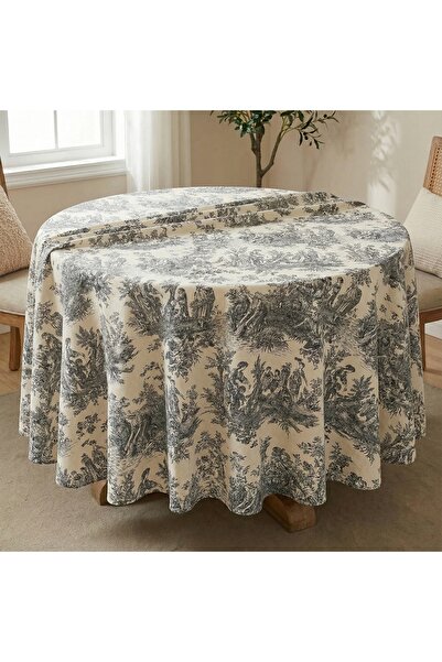 shopshop Black English French Peasants Patterned Rustic Vintage Decorative Round Tablecloth