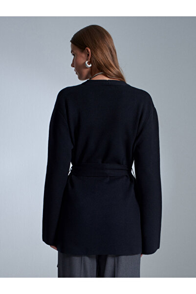 Dilvin 61002 Double-Breasted Belted Wool Blend Knitwear Cardigan-Black