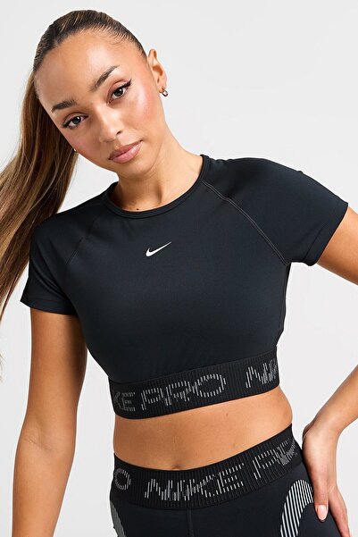 Nike Pro Dri Fit къса ръкава къса графична прилепваща блуза Дамска прилепваща къса ръкава тениска Черна