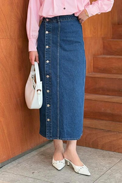 lamelif Buttoned Denim Skirt Dark Blue