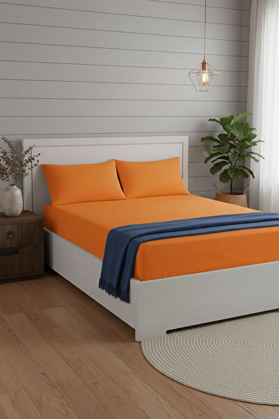 FAVORA 100% Cotton Ranforce Premium King Size Fitted Sheet Set - Orange