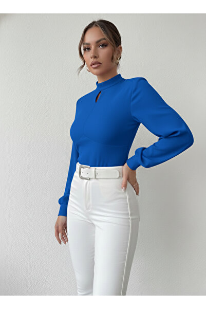 OLSAMODA Women's Balloon Sleeve Front Drop Detail Flexible Knitted Fabric Blouse