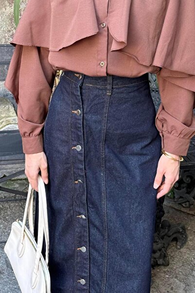 lamelif Buttoned Denim Skirt Denim Blue