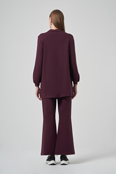 Nuss Stone Brooch and Zipper Detail Tunic Trousers Set 1024 Burgundy