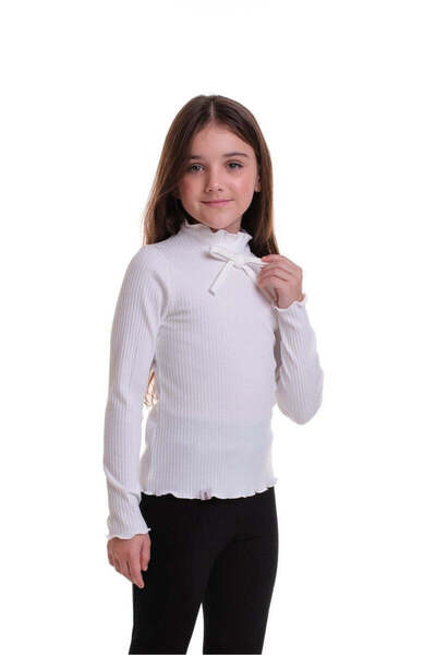 SOLLUXE KERENZA – Bluză din bumbac cu guler cu volane și fundă decorativă, alb, 140