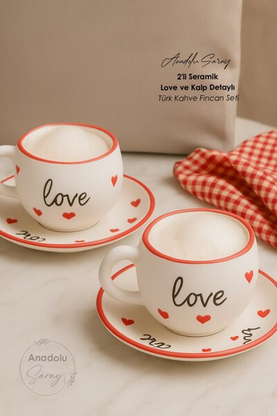 Anadolu Saray Set of 2 Handmade Ceramic Turkish Coffee Cups with Love and Heart Detail Plates