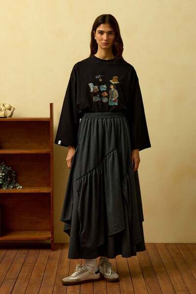 Ceylan Otantik Anthracite Striped Polyviscon Bohemian Floor Skirt