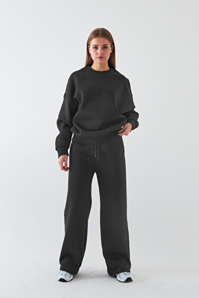 The Champ Clothing Unisex Oversized Tracksuit Set Basic Smoked – Crew Neck, Wide Legs, 3 Thread Fleece-Lined Fleece