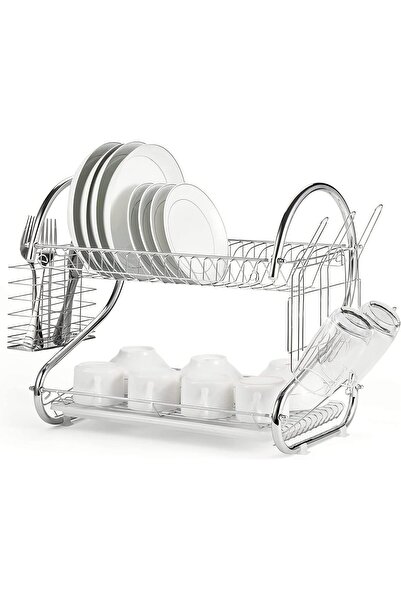 Twinkle Mart 2-Tier Multi-Functional Dish Drying Rack with Utensil & Cup Holder, Drain Board, Chrome