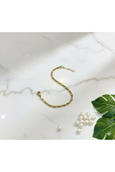 Çağla Accessories Thin, Elegant, Rectangular Chain Detailed Gold Color Bracelet