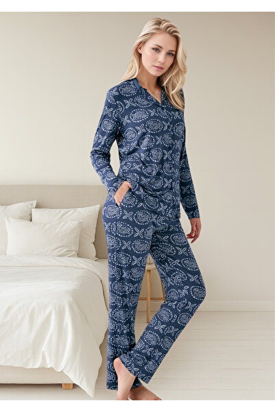 Loule Women's Navy Blue Ethnic Patterned 50% Cotton 50% Modal Buttoned Double Pocket Pajama Set
