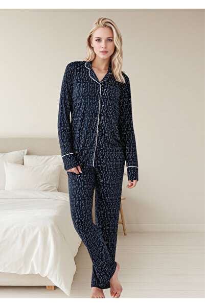 Loule Women's Navy Blue 50% Cotton 50% Modal Long Sleeve Piping Detailed Shirt Pajama Set