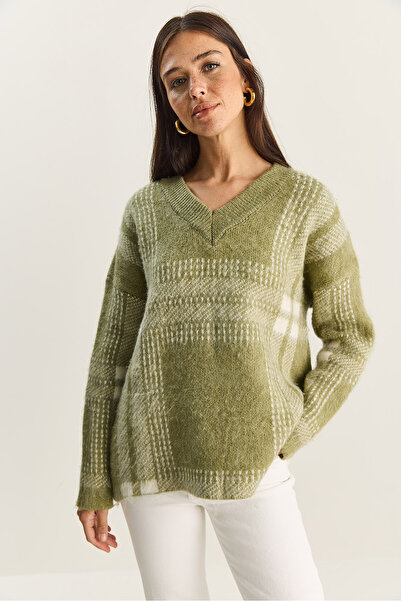 Bianco Lucci Women's Plaid Patterned V-Neck Fleece-Lined Knitwear Sweater Tk251134 60283833