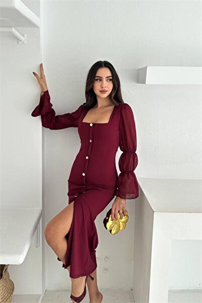 Neşeli Butik γυναικείο φόρεμα με τετράγωνο λαιμόκοψη σιφόν με μανίκια κουμπιά...