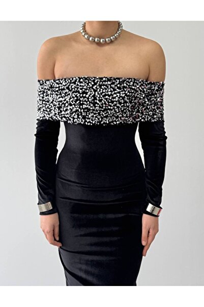 solena sln Kadın Slim Fit Payetli Madonna Yaka Kadife Şık Özel Gün Yılbaşı El...