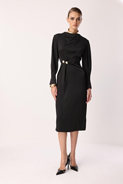 Nefeli Drapeli Yüksek Yaka Midi Elbise SİYAH