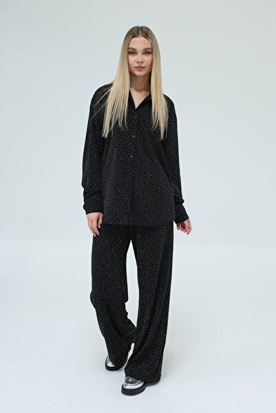 cemo Stone Detailed Wide-Leg Pants and Button-Up Shirt Two-Piece Set