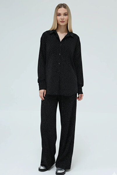 cemo Stone Detailed Wide-Leg Pants and Button-Up Shirt Two-Piece Set