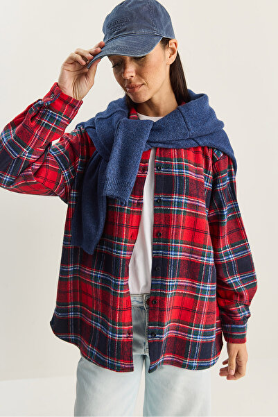 Bianco Lucci Women's Plaid Patterned Oversized Lumberjack Shirt Dg251056 60283837