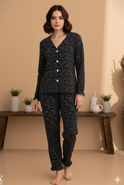 ELİTOL Women's Pajama Set with Wrinkled Texture and Ruffle Detail