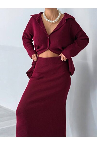 My Blog Claret Red Polo Neck Skirted Knitwear Set - 4661