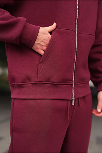 Madmext Claret Red Double Zipper Hooded Tracksuit Set E7345