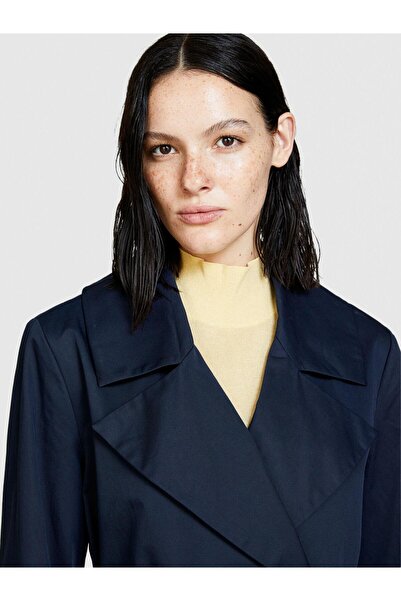 Sisley 100% Cotton Wide Collar Belted Trench Coat Women's Navy Blue Trench Coat - 324P2Nnsln025