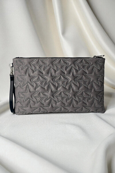 Ecrou Star Patterned Gray Suede Portfolio Bag