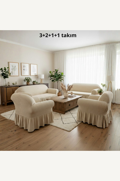 kutlale Bürümcük 3+2+1+1 Koltuk, Kanepe, Çekyat Örtüsü, etekli, Streç, Esnek, Lastikli, Koltuk Kılıfı takımı