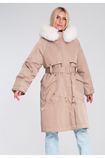 Figl Geacă lungă de damă cu blană - Geacă cu puf - Geacă bej M1228 mărimea M
