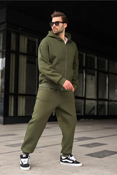 Madmext Khaki Double Zipper Hooded Tracksuit Set E7345
